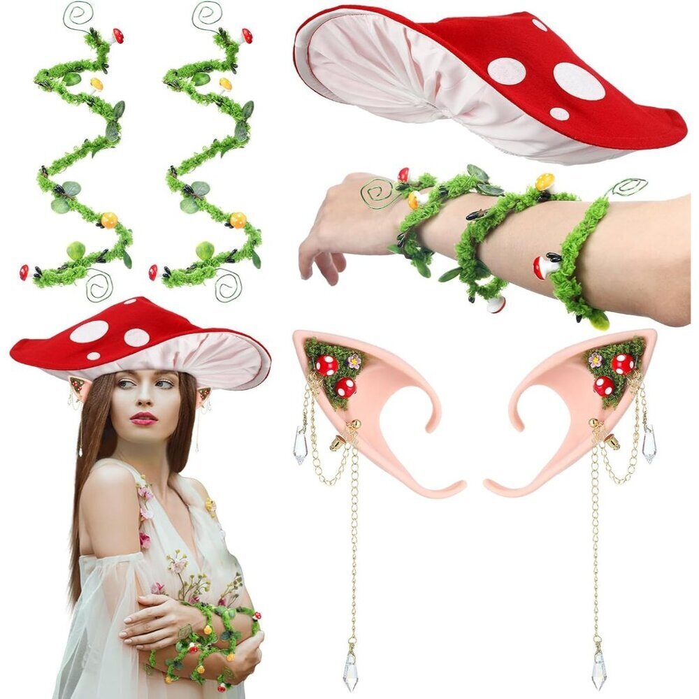 Fairy Costume Accessories Set Mushroom Hat Elf Ears Woodland Dress-Up